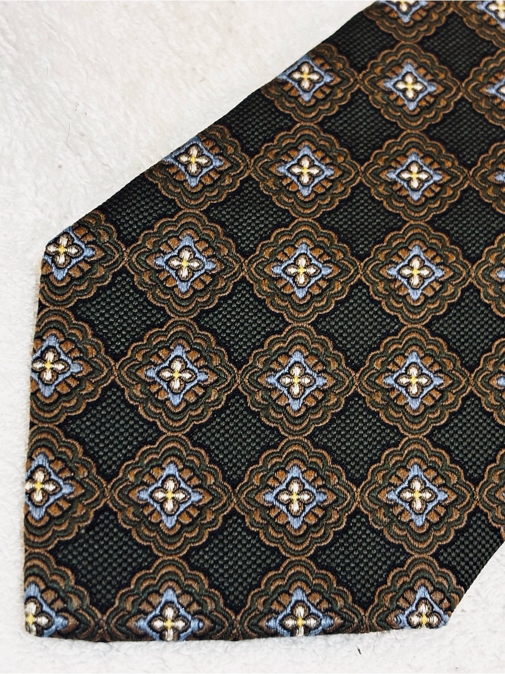 Jos. A. Bank Black Tie with Brown and Light Blue Medallion Pattern